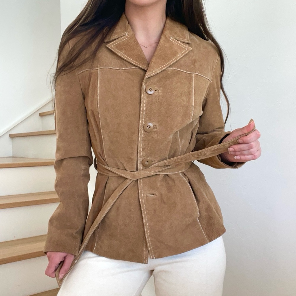 Vintage Wilson’s Leather Maxima Genuine Leather Suede Tan Brown Belted Jacket